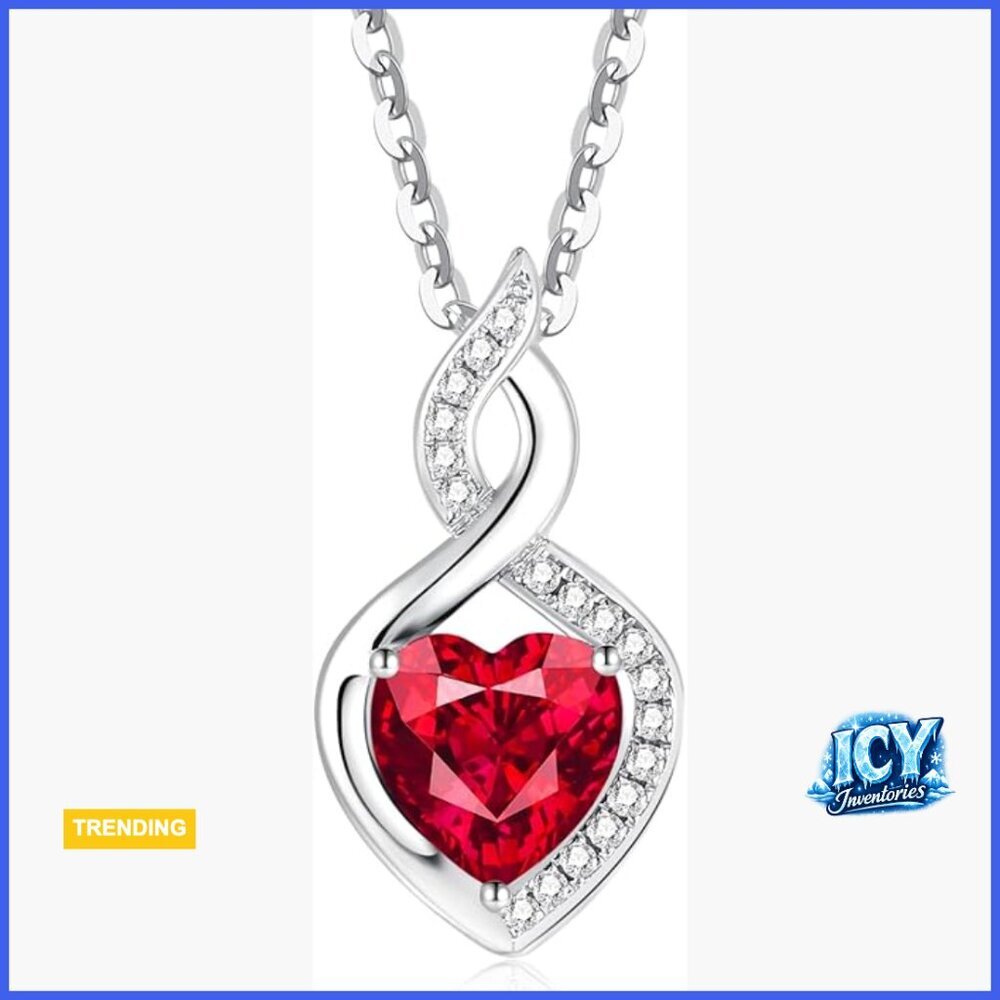 14K Solid White Gold Heart Birthstone Necklace with Diamond Pendant